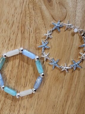 Silver Starfish Bracelet and Pastel Bead Stretch Bracelet - Blue, Aqua, White